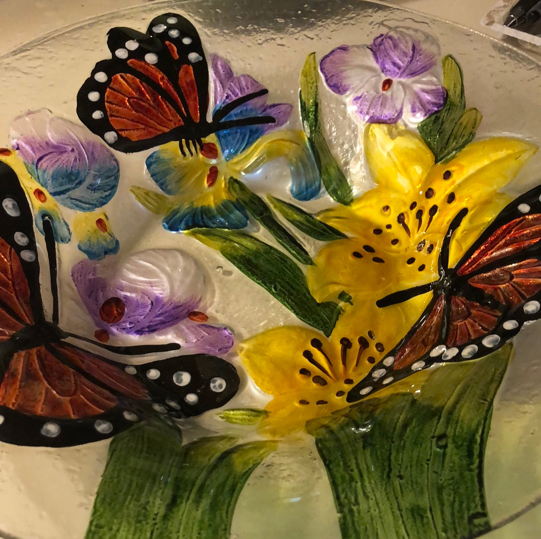 Embossed Glass Rich Floral Birdbath