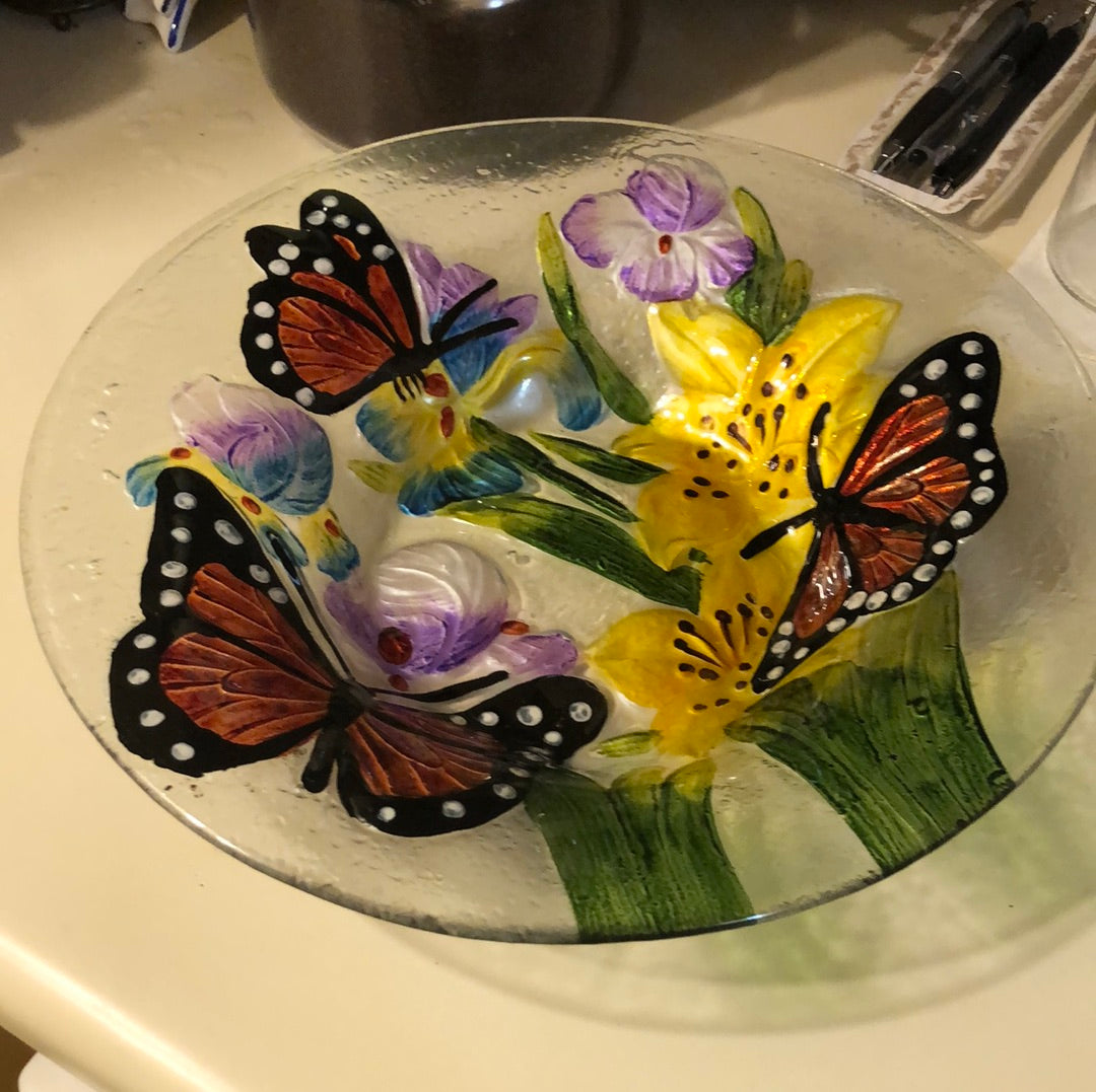 Embossed Glass Rich Floral Birdbath