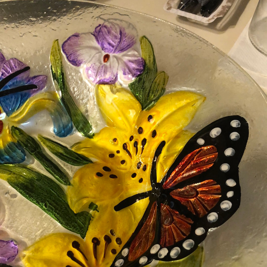 Embossed Glass Rich Floral Birdbath