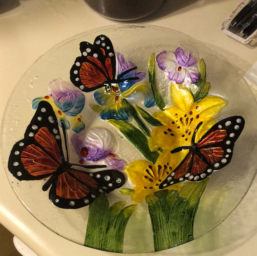 Embossed Glass Rich Floral Birdbath