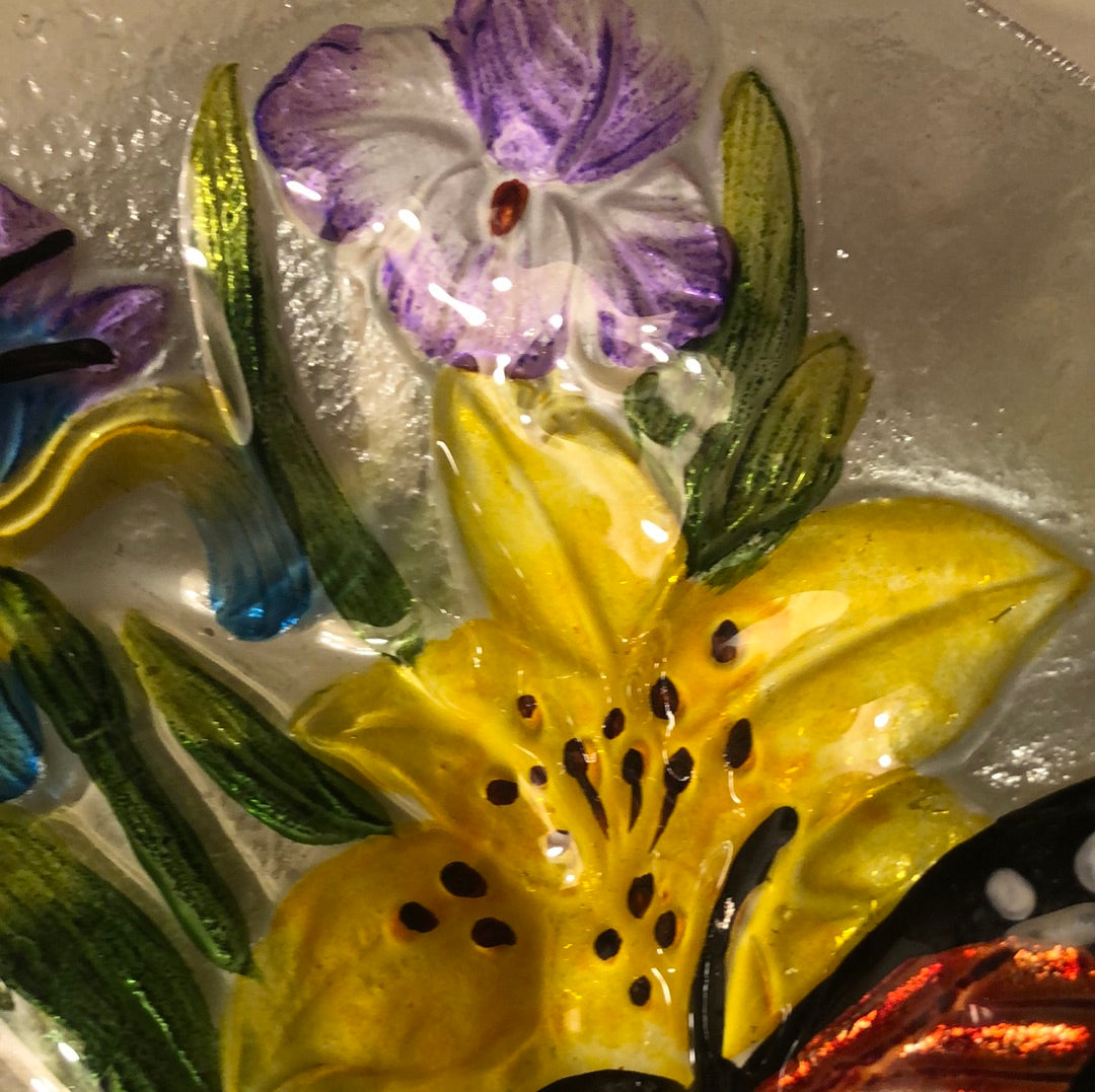 Embossed Glass Rich Floral Birdbath