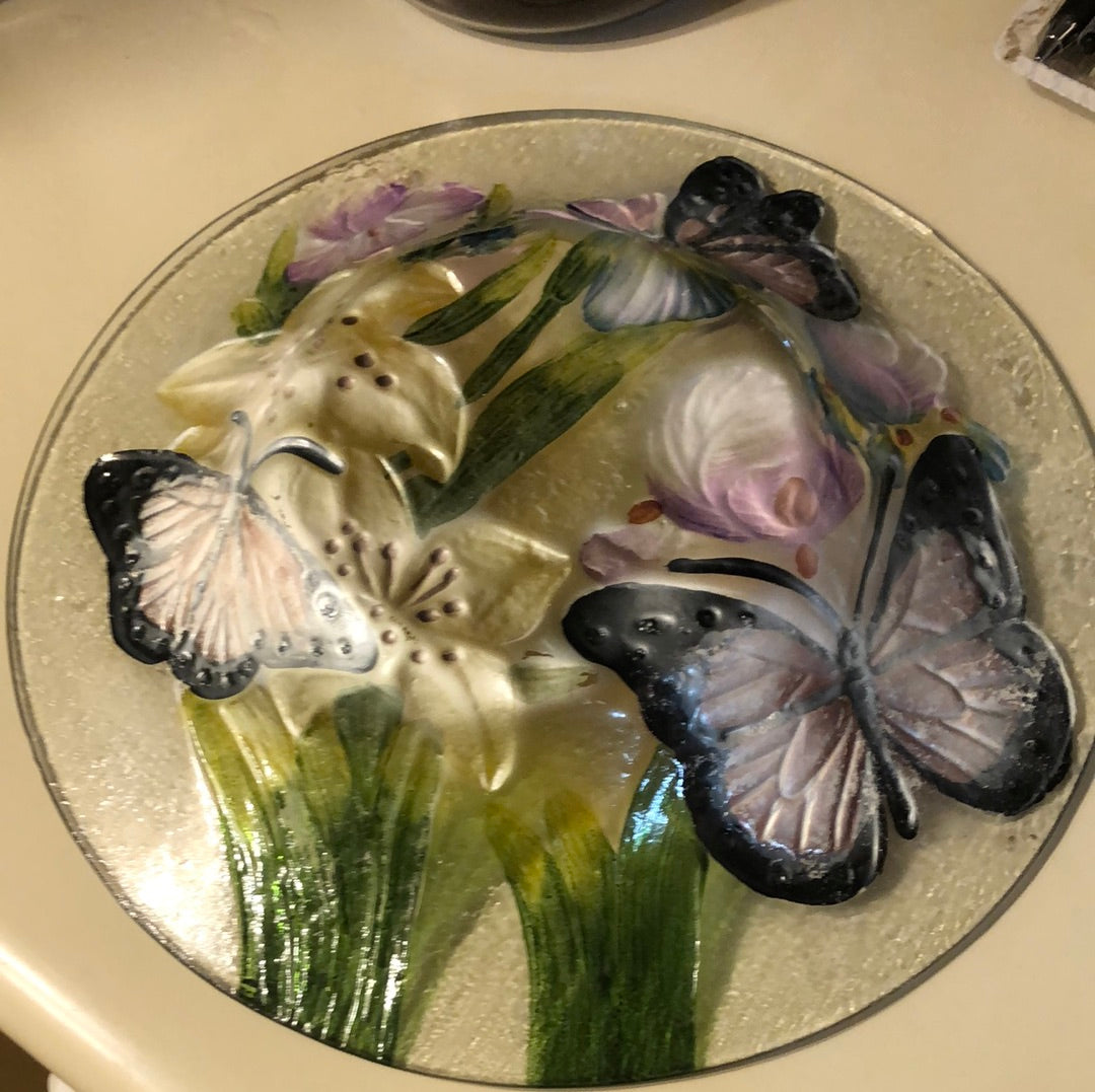 Embossed Glass Rich Floral Birdbath