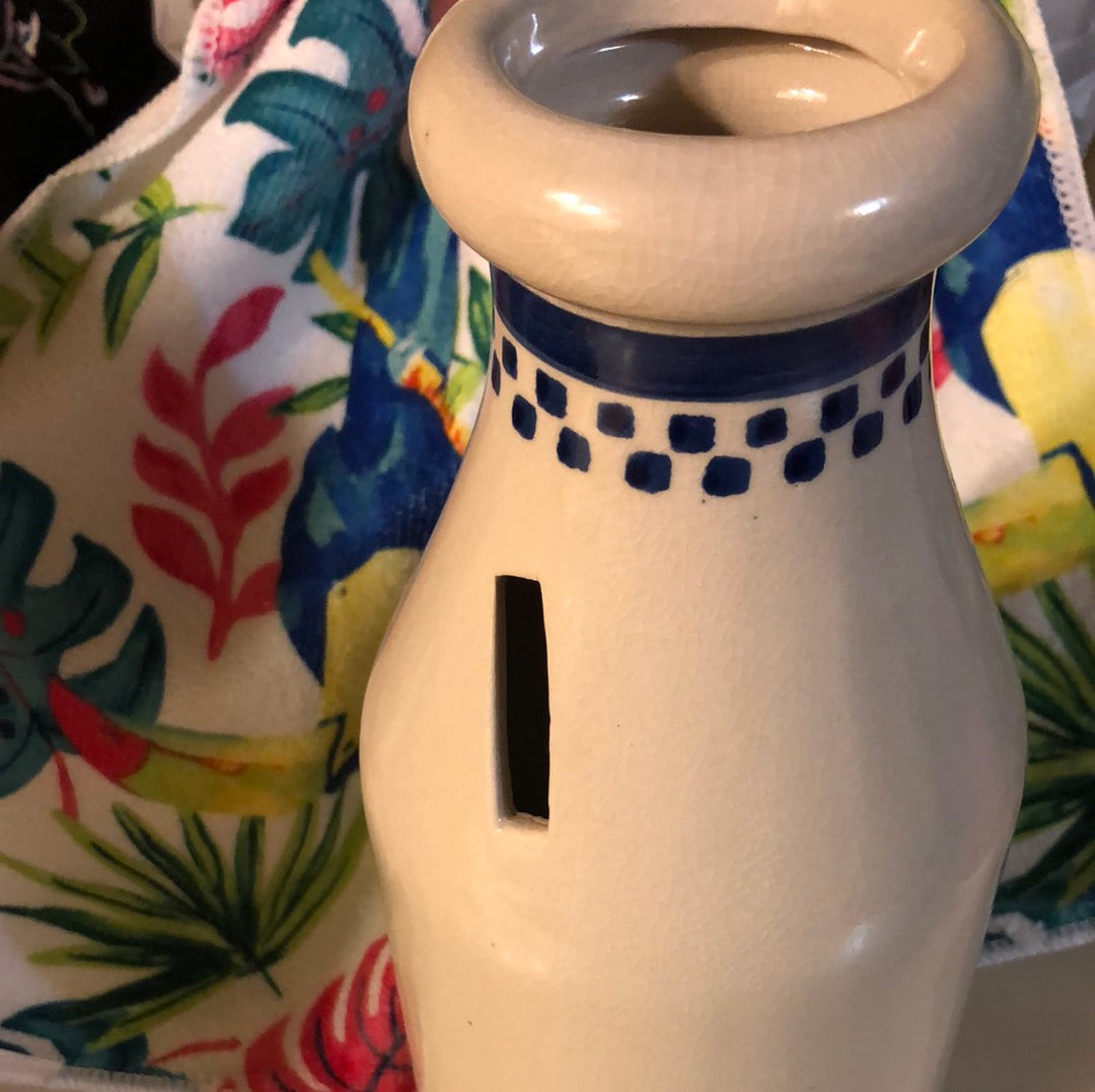 Old Milk Jug Bank crazed with age, Featuring aBlue Rooster