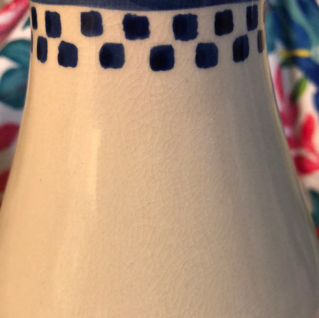 Old Milk Jug Bank crazed with age, Featuring aBlue Rooster