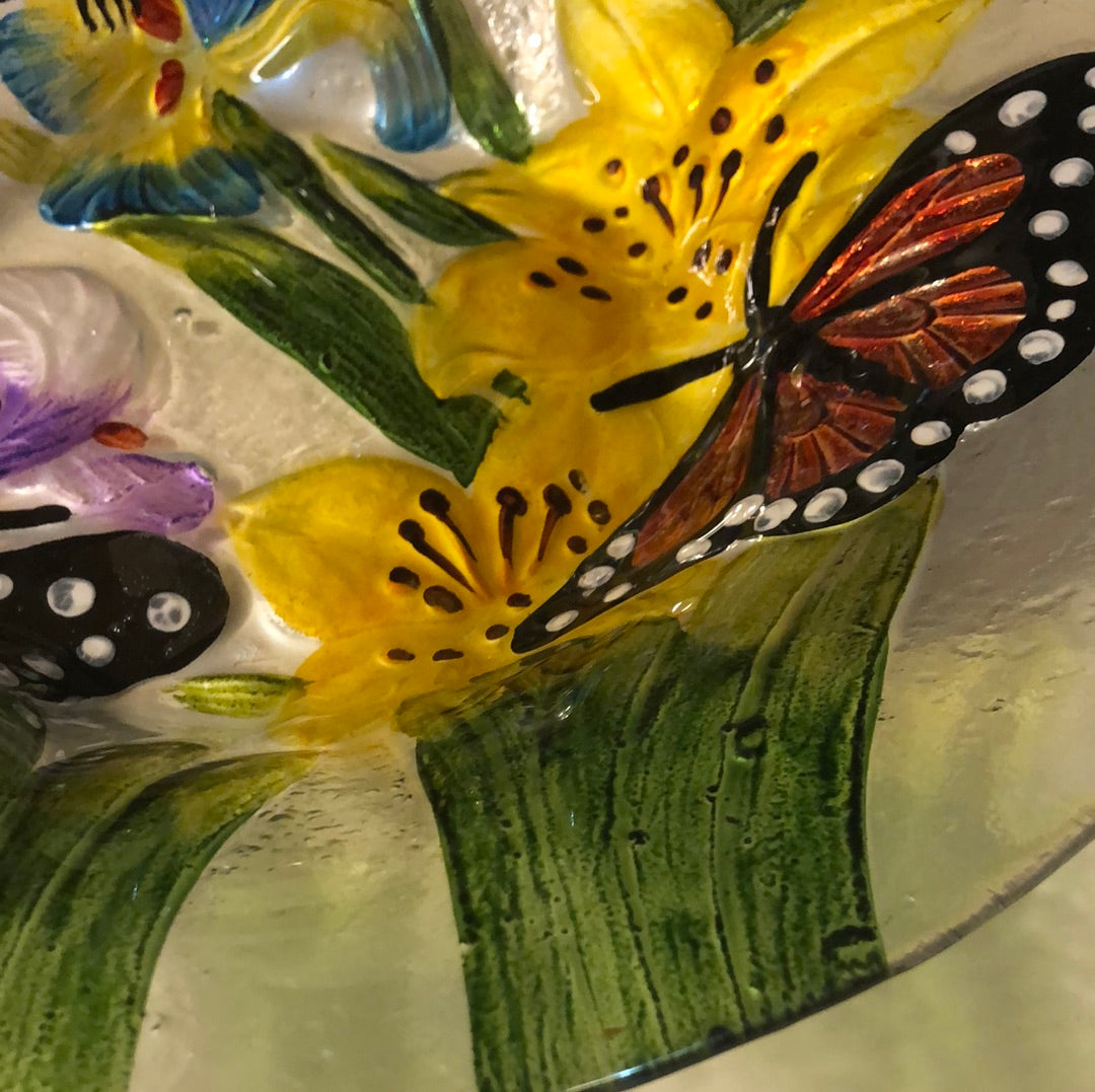 Embossed Glass Rich Floral Birdbath