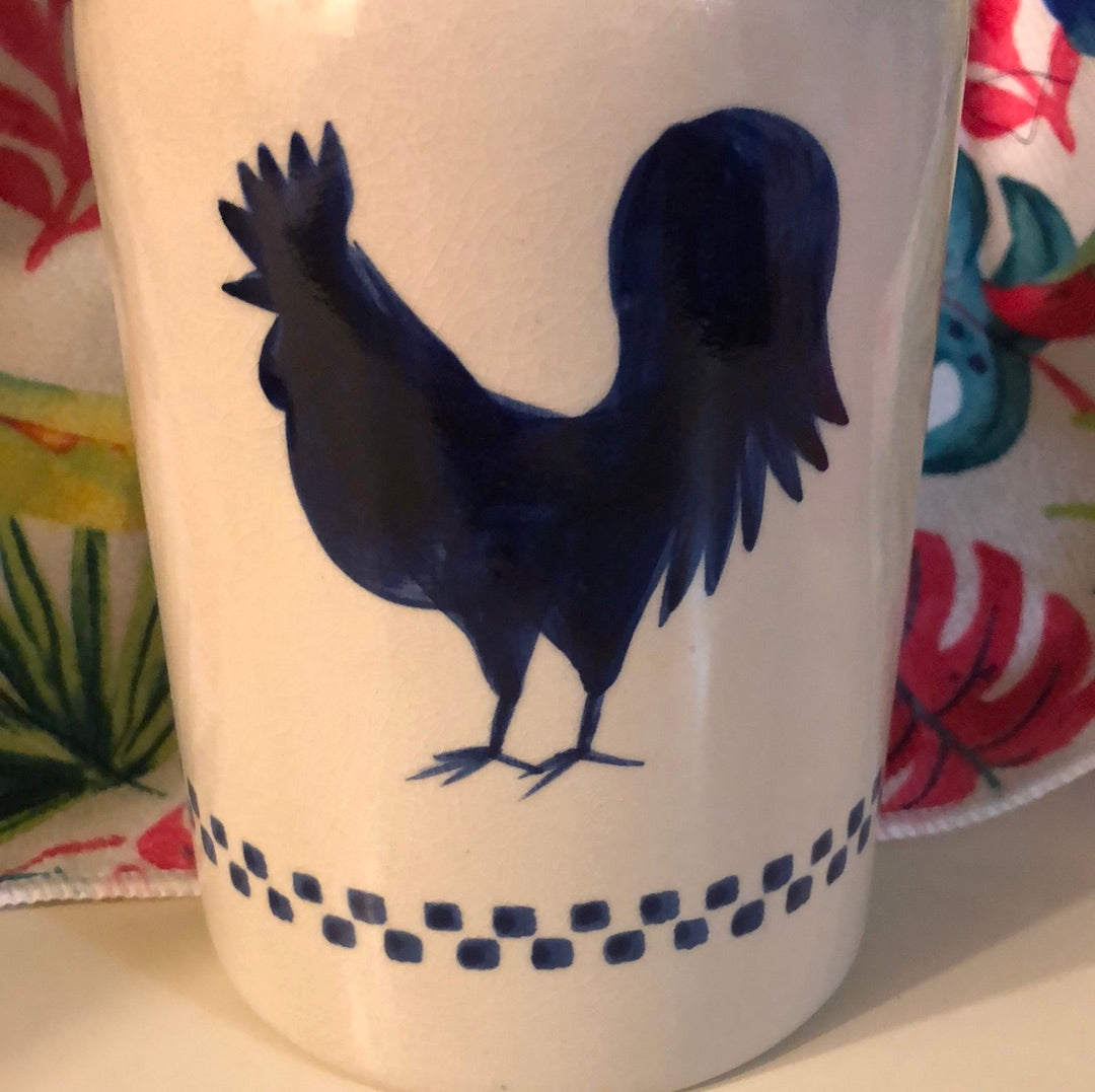 Old Milk Jug Bank crazed with age, Featuring aBlue Rooster