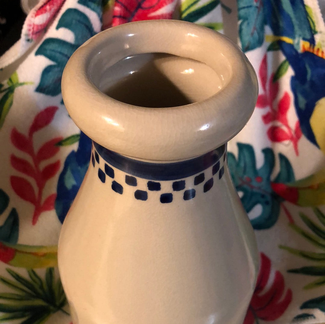 Old Milk Jug Bank crazed with age, Featuring aBlue Rooster
