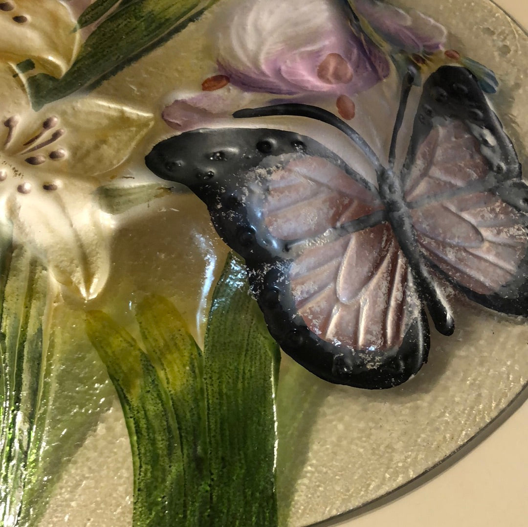 Embossed Glass Rich Floral Birdbath
