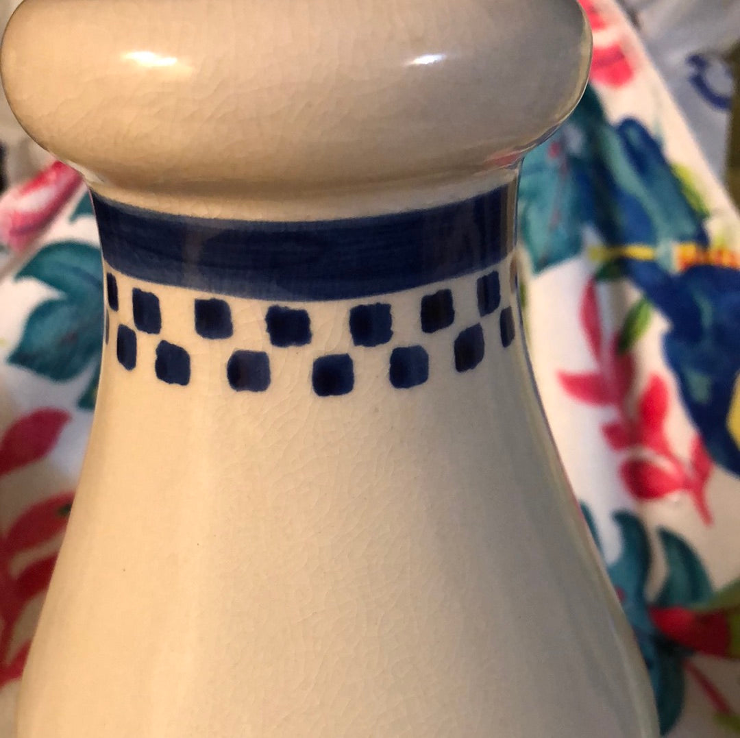 Old Milk Jug Bank crazed with age, Featuring aBlue Rooster