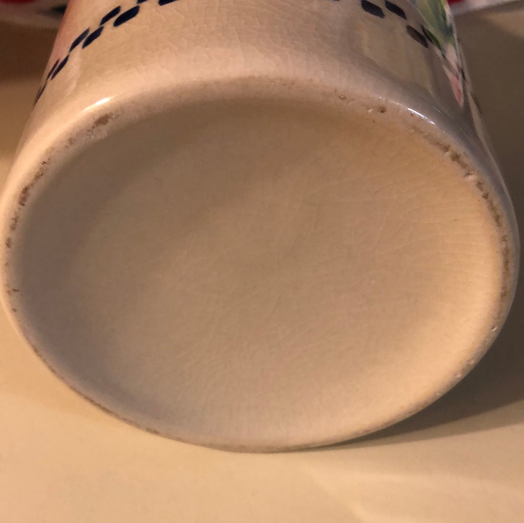 Old Milk Jug Bank crazed with age, Featuring aBlue Rooster
